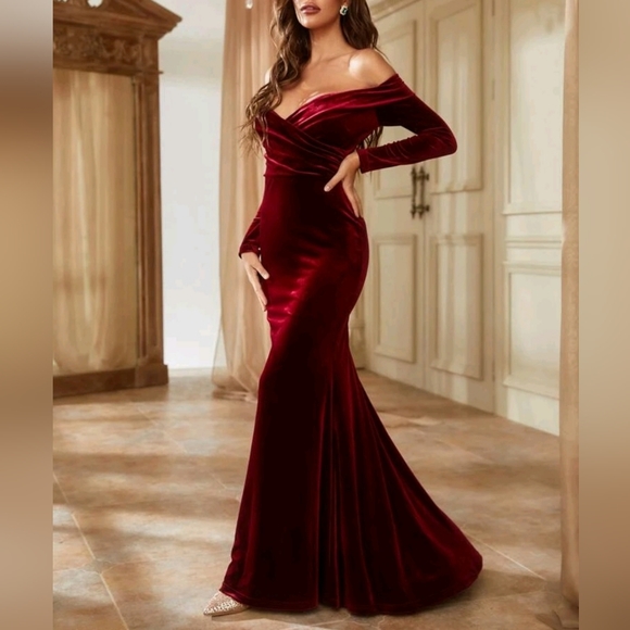 New Luxe Velvet Wrap Off Shoulder Formal Maxi Dress Burgundy Red - Picture 3 of 13